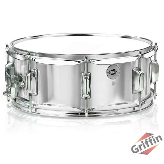 Metal Snare Drum by Griffin 14" x 5.5" inch Steel Chrome Shell 8 Tuning Lugs & Snare Throw Off Strainer Set Musical Instrument Kit & Drummers Key Marching Percussion Hardware & Drum White Head