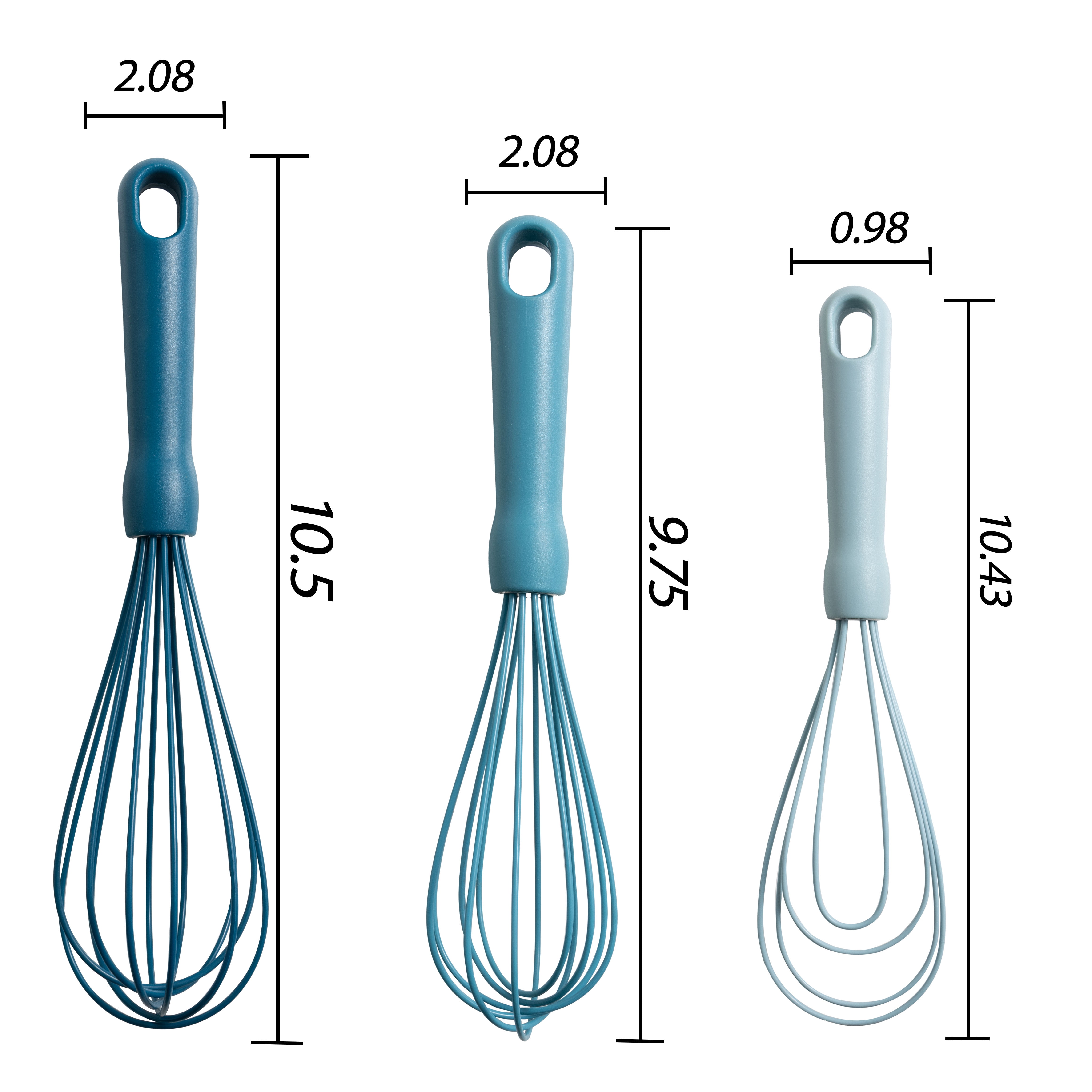 Mainstays 3-Piece Silicone Whisk Set, 10.5 in/10.4 in/9.6 in, Blue