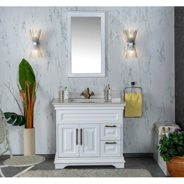 Romana Collection 36'' White Bathroom Vanity with Quartz Countertop and
