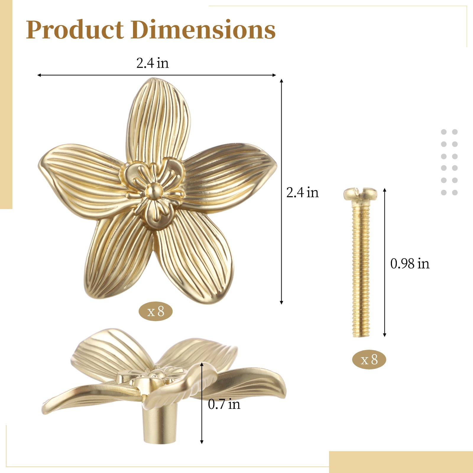 8 Pcs Flower Knobs, 2.4 in Brushed Gold Cabinet Knobs, Zinc Alloy Petal Knobs with Antique New Chinese Style, Single Hole Dresser Knobs 8 Pack for Furniture Renovation
