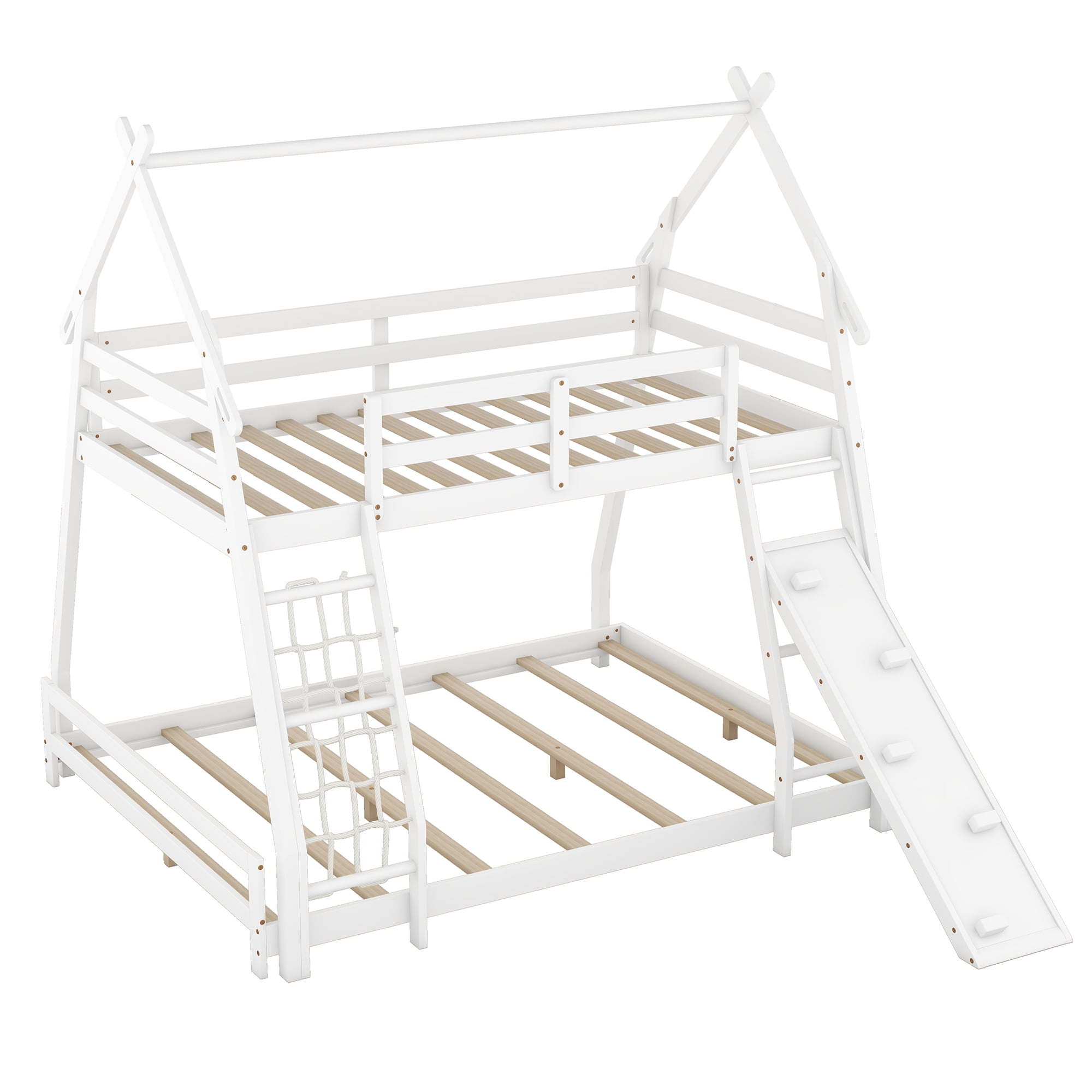Euroco Twin over Queen Bunk Bed with Climbing Nets and Ramp for Kids Teens Bedroom, White