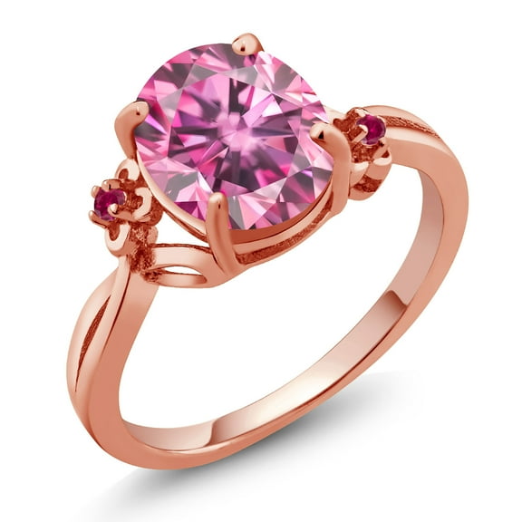 Gem Stone King 18K Rose Gold Plated Silver Pink Moissanite and Red Created Ruby 3 Stone Ring for Women (2.85 Cttw, Oval 10X8MM, Gemstone Birthstone, Size 7)