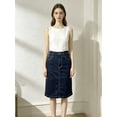 thumbnail image 3 of Deep Blue Denim Midi Skirt, High Waist A-Line Straight Skirt, Cotton, 3 of 5