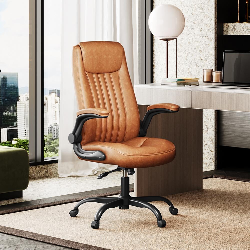 GALAXHERO Ergonomic High Back Office and Conference Room Desk Chair, Adjustable Flip-Up Armrests and Lumbar Support, Brown