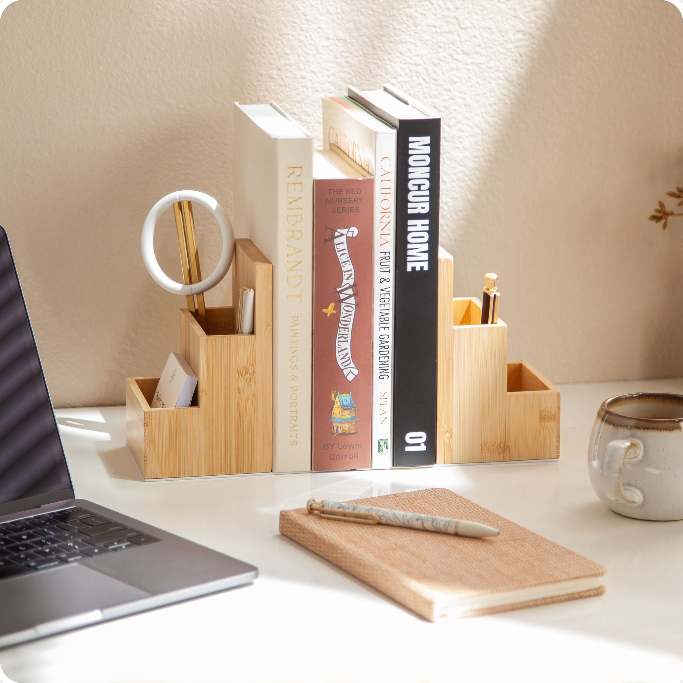 U Brands Zen Storage Bookends, Set of 2, 6.2 x 3.9 x 6.2 in., Bamboo, Pencil Cup, Mid-Century