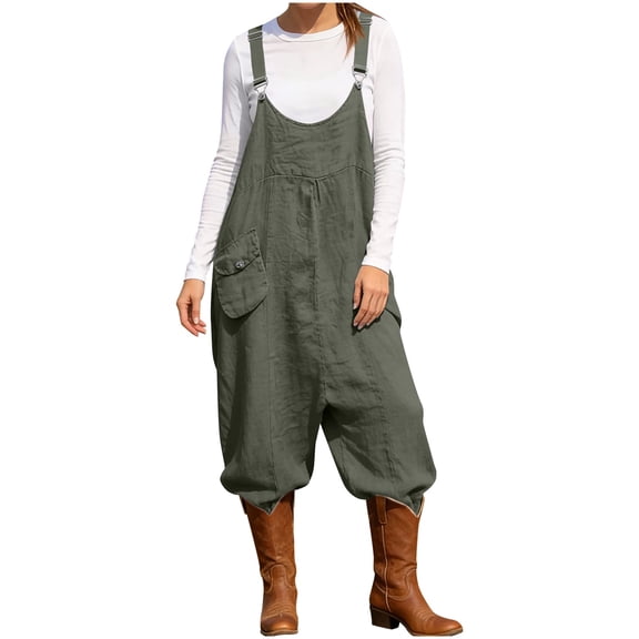 AKOEE Oversized Jumpsuits Women Adjustable Strap Baggy Bibs with Pocket Sleeveless Harem Trendy Romper Overalls (XL, Green)