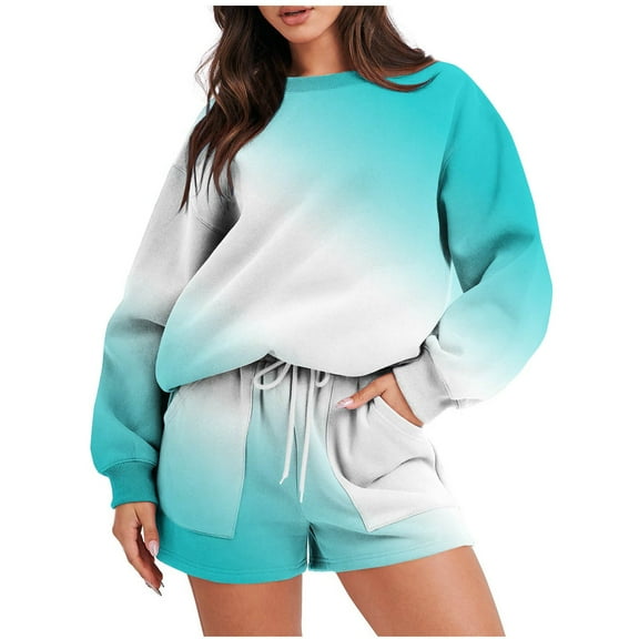 XFLWAM 2 Piece Sets for Women Fashion Casual Oversized Sweatsuits Long Sleeve Gradient Color Loose Tops Sweat Shorts Loungewear
