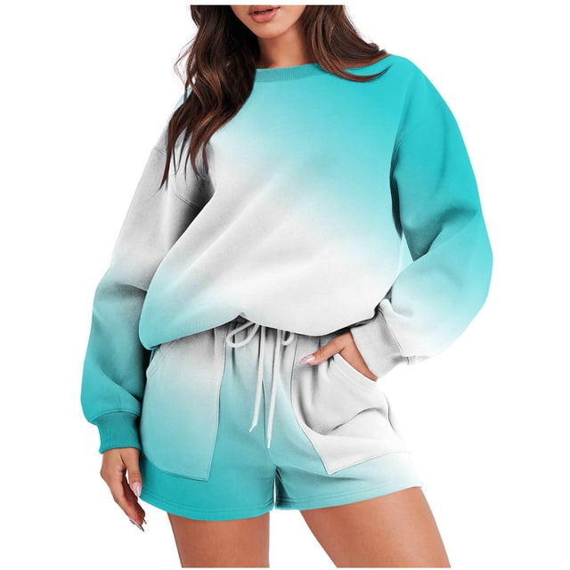 Bowake Womens 2 Piece Outfits Sweatsuits Gradient Oversized Pullover Sweatshirts and Shorts Lounge Sets Tracksuit
