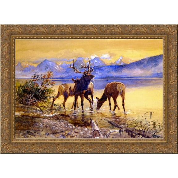 Elk in Lake McDonald 24x18 Gold Ornate Wood Framed Canvas Art by Charles M. Russell