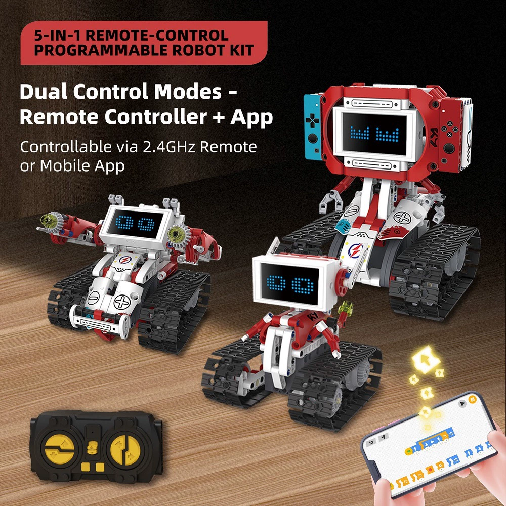 5-in-1 Buildable STEM Robot Toy with Remote Control, Programmable LED Expressions, DIY Game Robot, Tank, Racing Car & Artillery for Birthday Christmas Gift