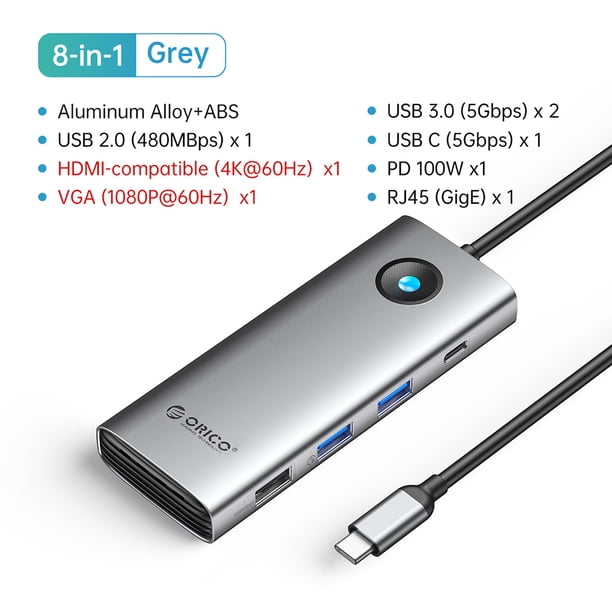 Divisor de base de expansión PD100W Adaptador de concentrador USB para computadora portátil (PW11-8PC-GY) Hugtrwg Para estrenar