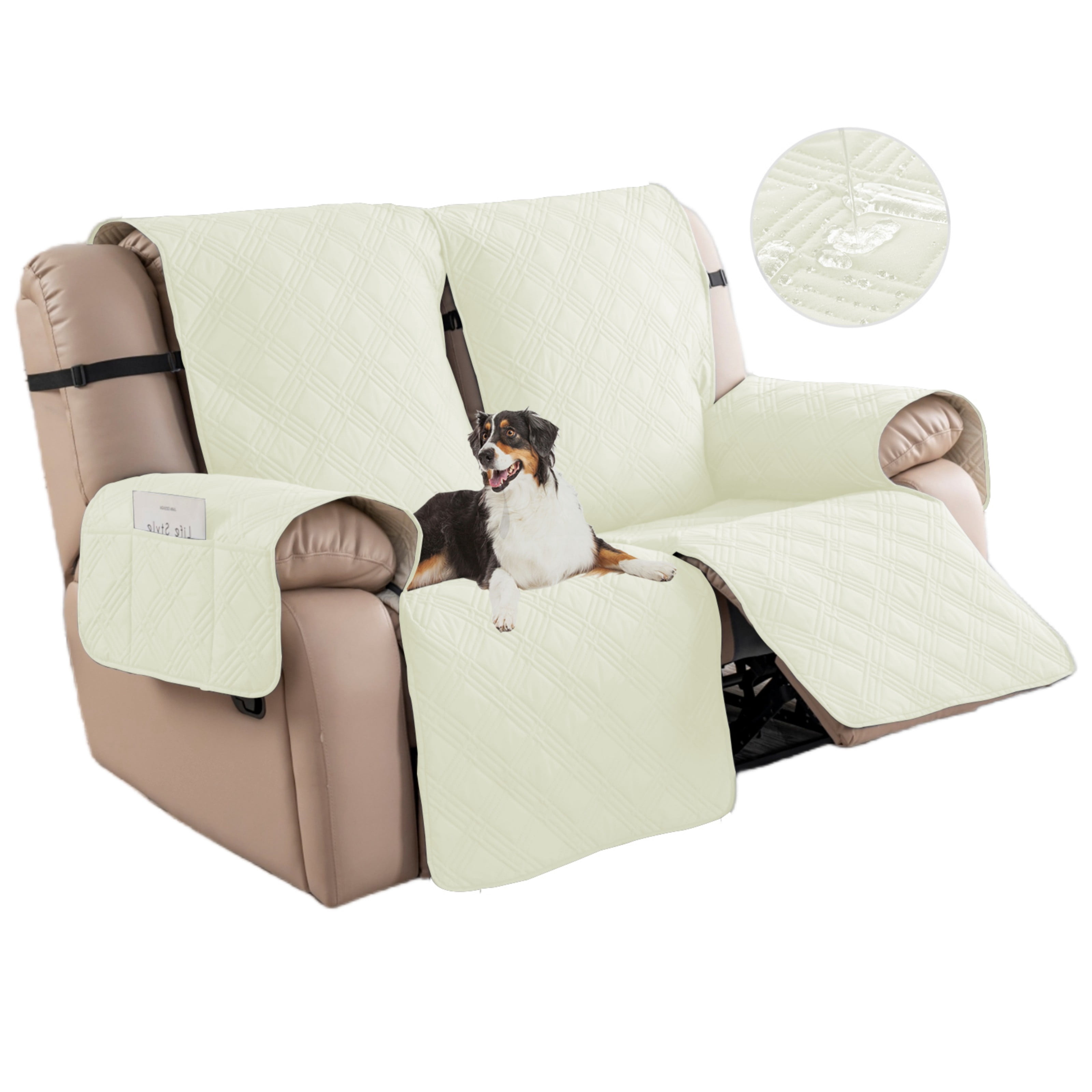 Lavish Cover 100% Waterproof Recliner Loveseat Cover, 2 Pieces Non-Slip Recliner Couch Slipcovers, Washable Furniture Protector with Pockets & Elastic Straps for Kids Pets, 2 Seaters, Cream White