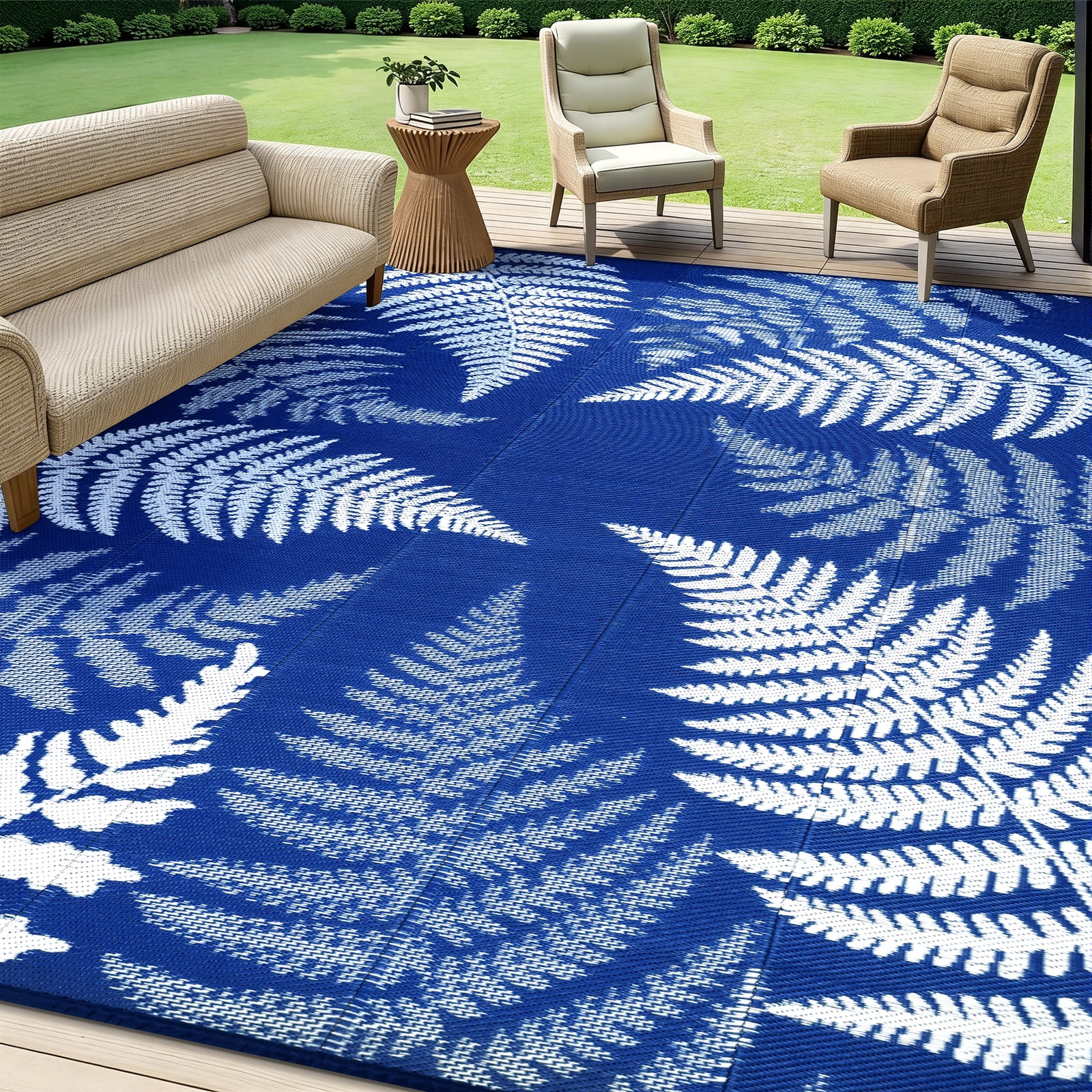 9'x12' Outdoor Rugs for Patios, Yamaziot Patio Rug RV Mat, Waterproof Reversible Plastic Straw Camping Rug for Deck Porch Balcony Blue Beach Blanket