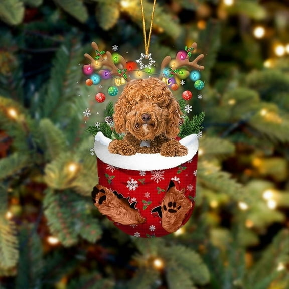 Acrylic 2D FLAT - RED Labradoodle In Snow Pocket Christmas Ornament Flat Acrylic Dog Ornament - Holiday Tree Decoration