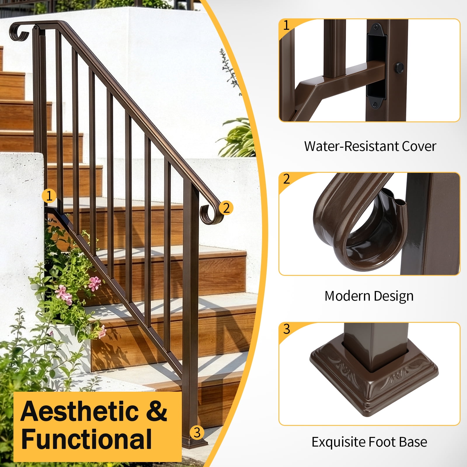 Copper Powder Coated Galvanized Iron Stair Handrail Curved Step Railing Fit 3-4 Steps Outdoor Garden Safety Picket Rail With Full Installation Hardware