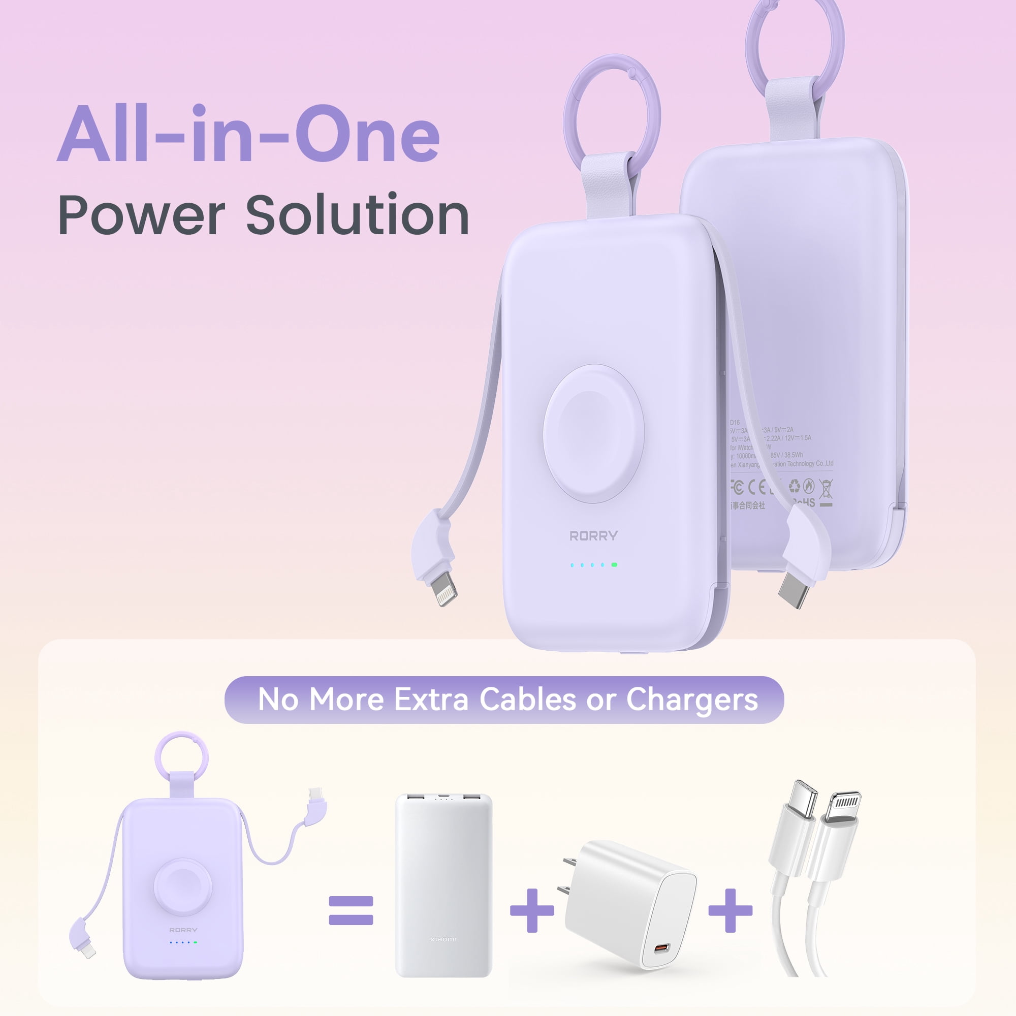 RORRY 10000mAh Portable Charger with Built-in Cables, 20W Fast Charging Power Bank Compatible with iPhone 17/16/15/14, Apple Watch,Samsung & Android Phones,Purple with Purple Keychain