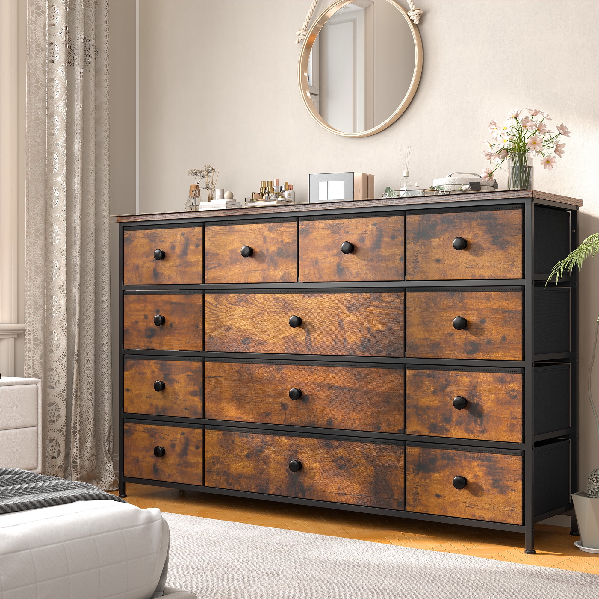 Romorgniz Dresser TV Stand, 13 Drawer Dressers for Bedroom, Chest of Drawers for 45" Long TV, Fabric Dresser for Storage, Rustic Brown
