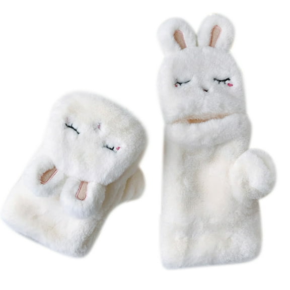 OOKWE Winter Fluffy Plush Half Finger Gloves Cartoon Embroidery Convertible Mittens