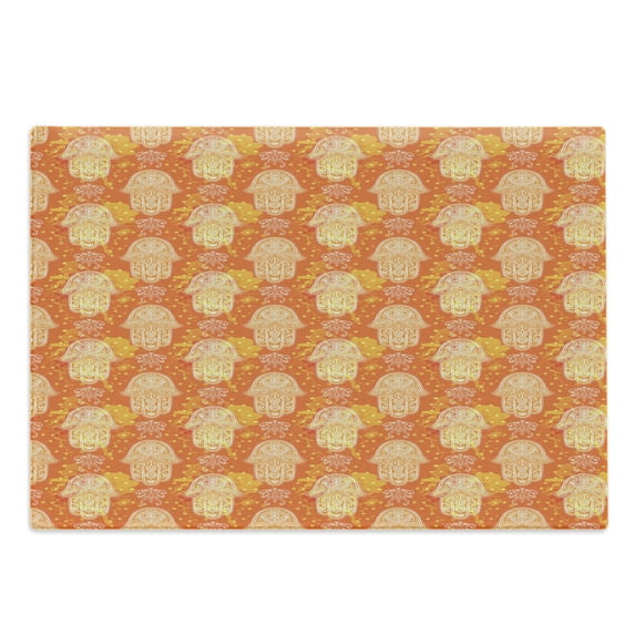 Oriental Cutting Board, Folk Hand Motif Mystic Hippie Oriental, Decorative Tempered Glass Cutting and Serving Board, Large Size, Orange Yellow and White, by Ambesonne