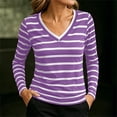 thumbnail image 2 of hoksml Women Contrast Trim V Neck Long Sleeve Striped T-Shirt Slim Stretch Casual Top for Office Daily All Season, 2 of 5