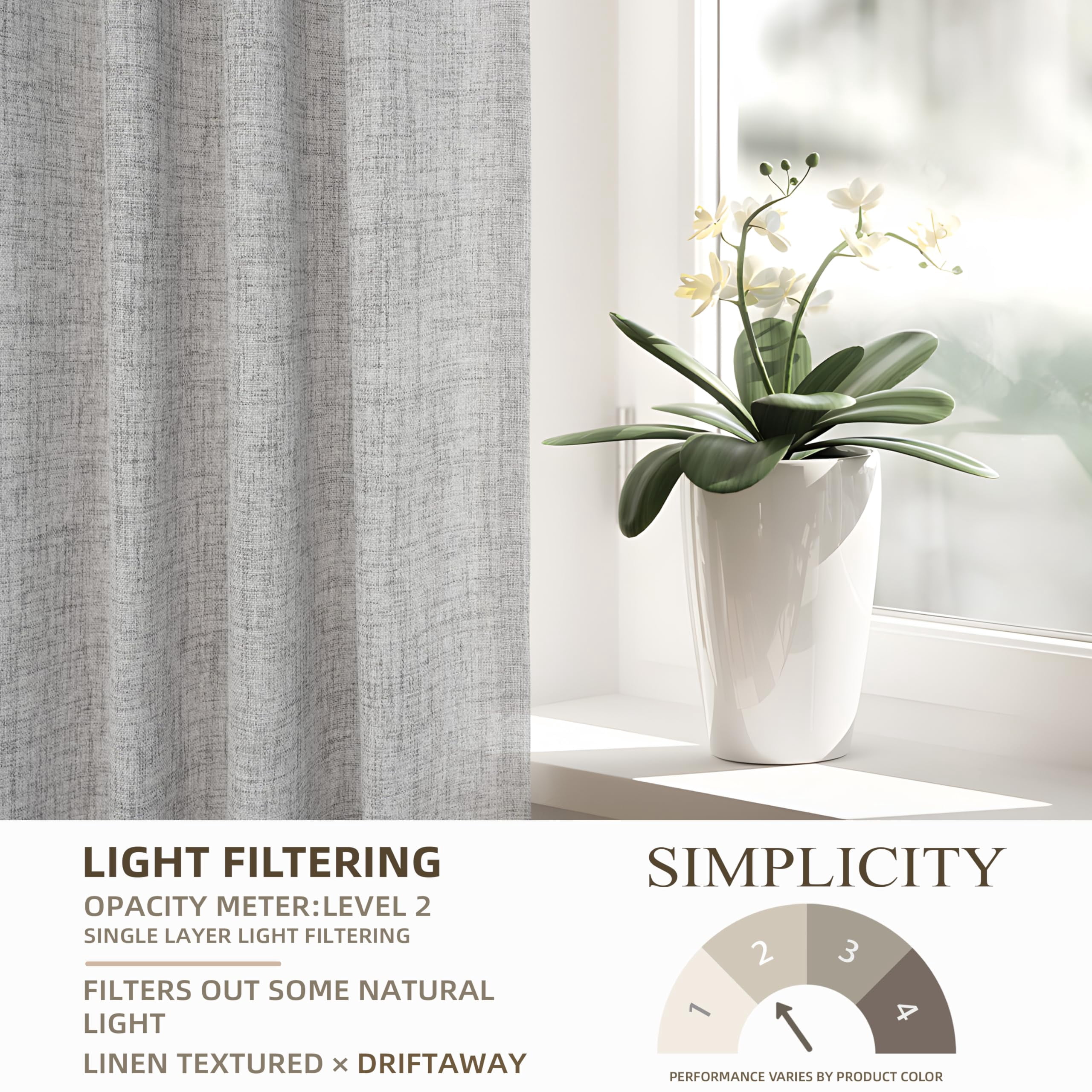 DriftAway Gray Linen Curtains 108 Inches Long for Living Room Thick Semi Sheer 2 Panels Farmhouse 3 Inch Rod Pocket Back Tab Boho Rustic Light Filtering Window Drapes for Bedroom Privacy Assured