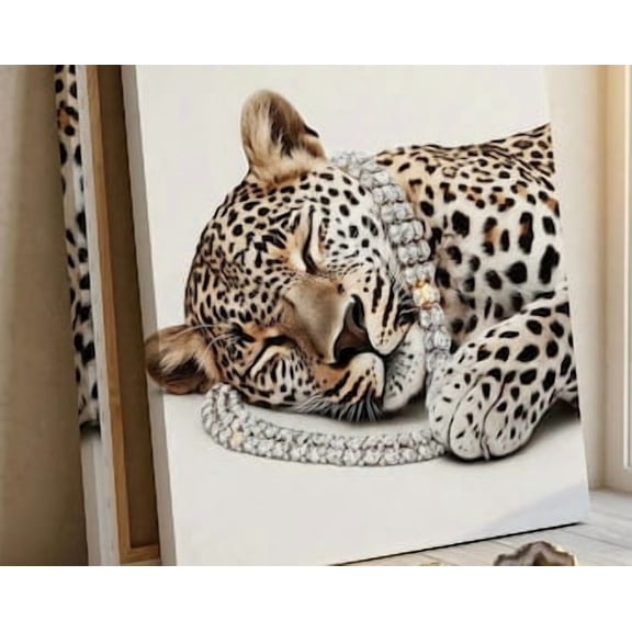 Leopard Print Wall Art, High Fashion Wild Animal Poster, Sparkly Diamond Necklace Leopard Poster, Modern Living Room Decor, Luxury Art Print, 8x12 UNFRAMED