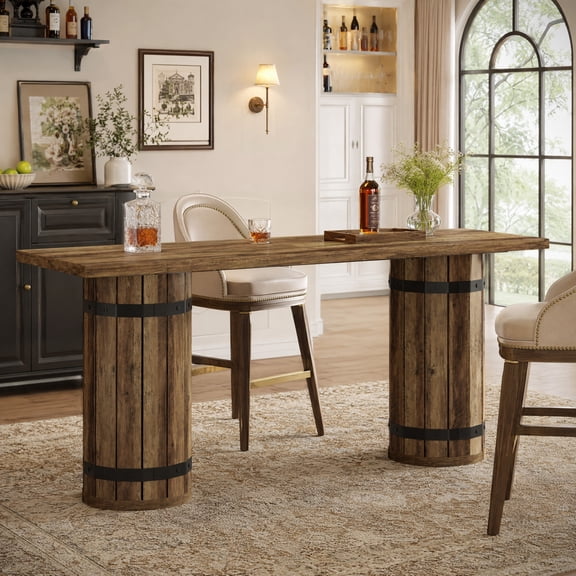 Fnova 70.9" Industrial Long Bar Table, Rectangular Home Bar Unit with Fenced Base, Counter Height Pub Table for Home Bar, Brown