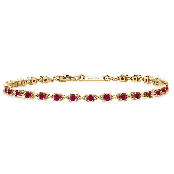 Gem Stone King 18K Yellow Gold Plated Silver Red Created Ruby Tennis Bracelet | 1.62 Cttw | Round: 2.5MM | Gemstone Birthstone | 7 inch
