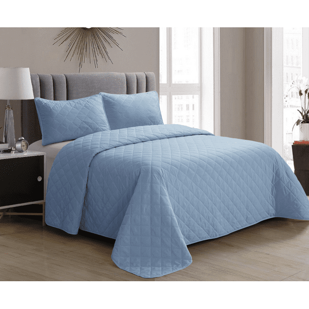 Juego Edredón Ligero Hudson Main Colcha Azul Celeste Bordado