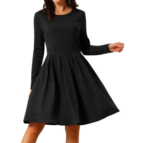 DARING DIVA Long Sleeve Round Neck A- Line Swing Knee Length Dress S Black