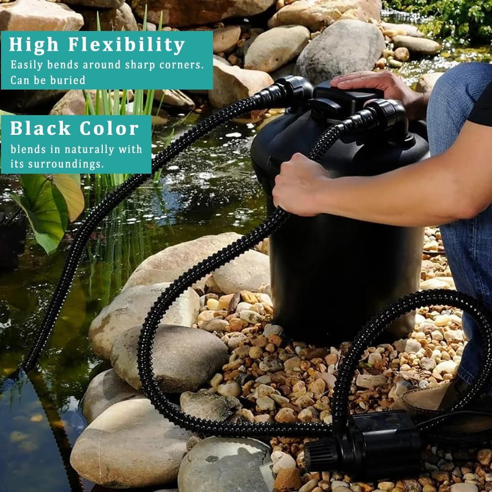 Black Vinyl Tubing ID 3/4” × 10ft Pond hose Corrugated Flexible Reinforced PVC Hose for Pond Pump Fountain Garden Waterfall, Non-toxic & Kinkproof, with 2 clamps