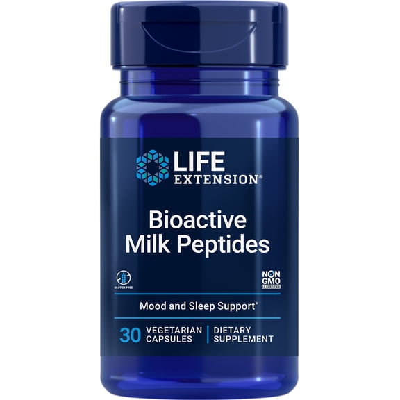 Life Extension Bioactive Milk Peptides, healthy mood support, sleep supplement, relaxation, milk peptides, casein decapeptide, hormone-free, gluten-free, non-GMO, vegetarian, 30 capsules