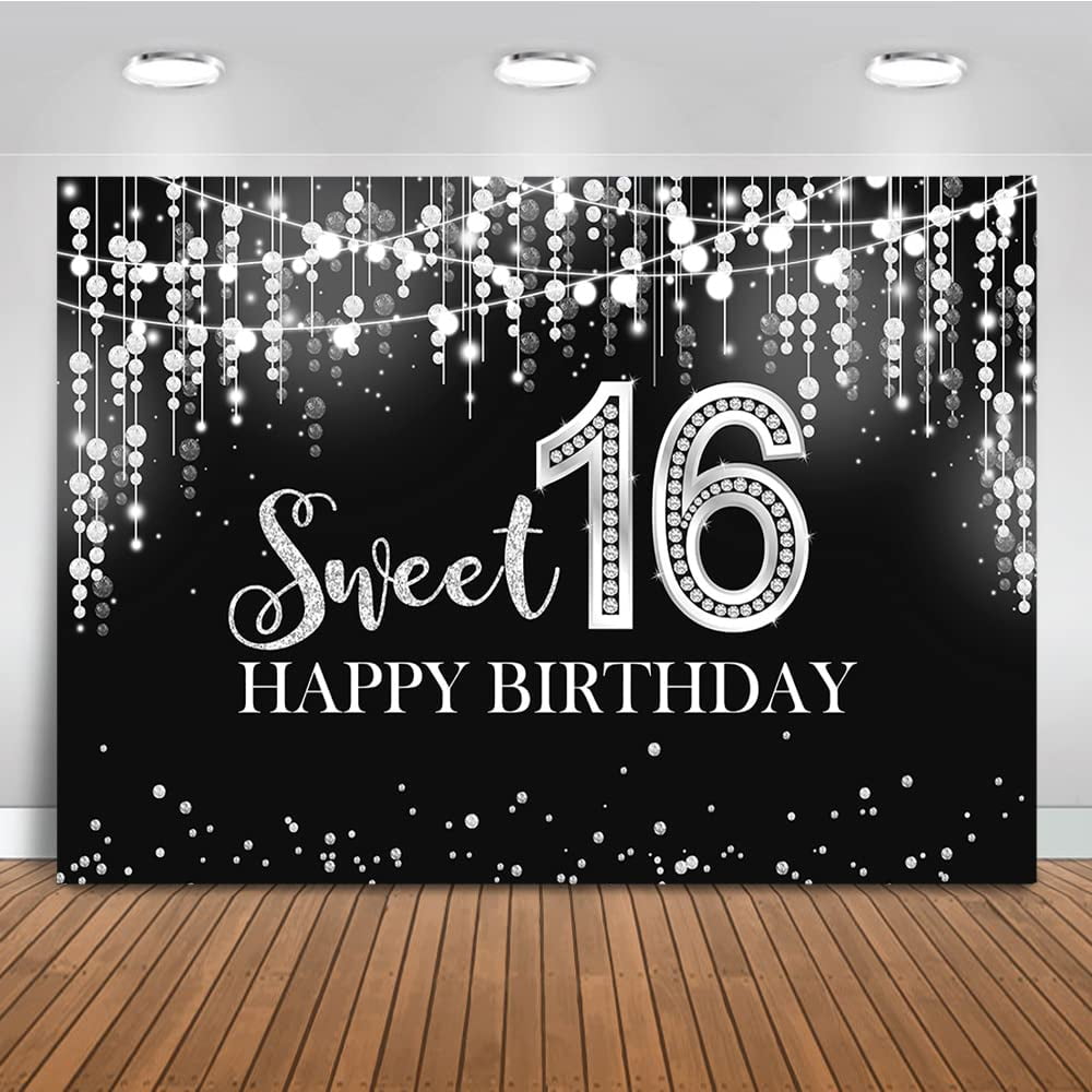Mocsicka Sweet 16 Birthday Backdrop Glitter Silver Sweet Sixteen