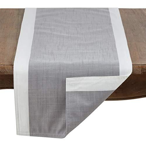 Fennco Styles Grey and White Two Tone Banded Border Table Runner 16 x 90 Inch Classic Table Cover for Everyday Use Banquets Family Gathering and
