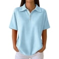 thumbnail image 2 of Women's Waffle Knit Short Sleeve Button Down Collared Polo Shirt Casual Loose Fit Tops for Spring Light Blue 2XL, 2 of 5