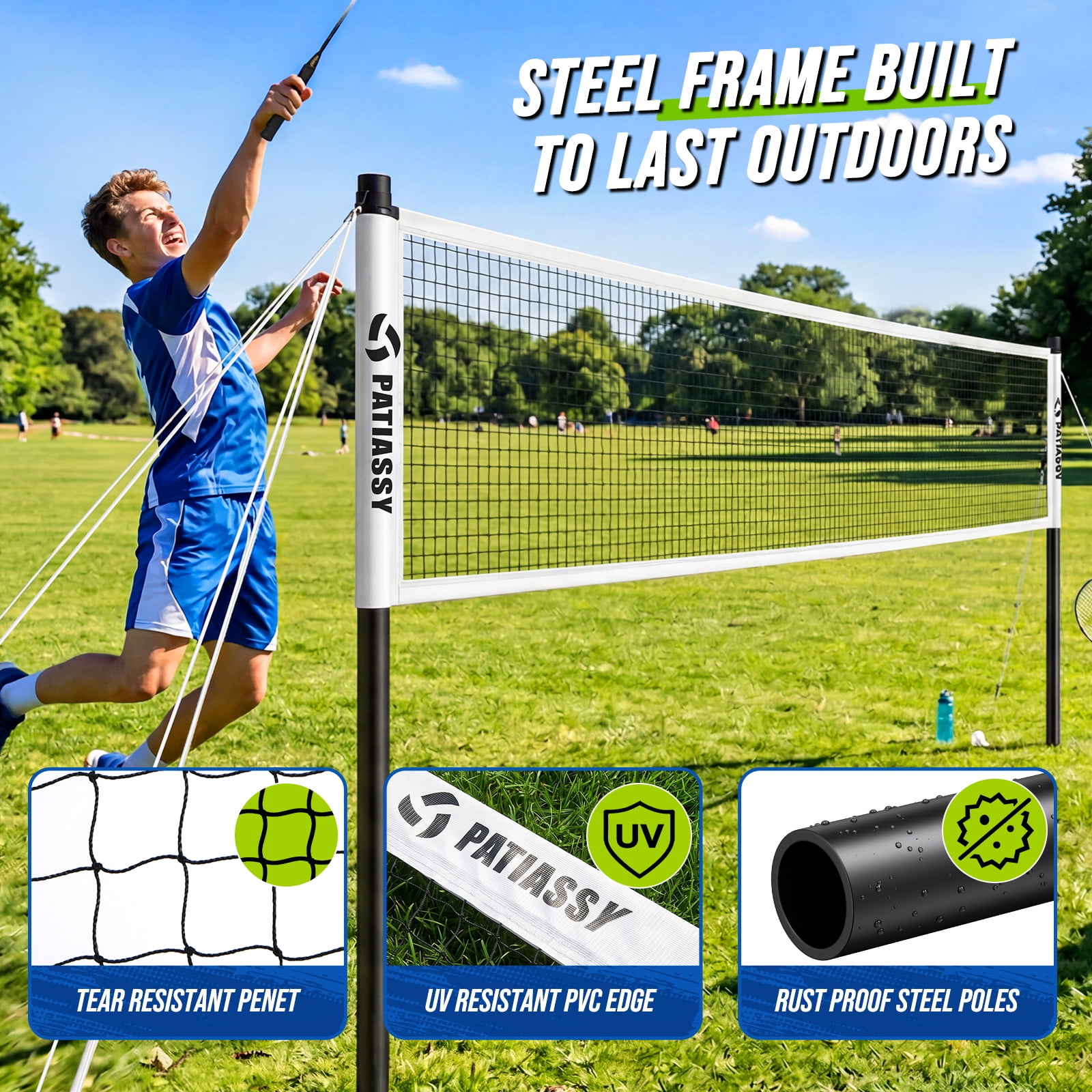 Patiassy Badminton Set with Net for Backyard, 4 Rackets, Portable Easy Setup, Anti-Sag Net System, Outdoor Family Game Kit with Carrying Bag