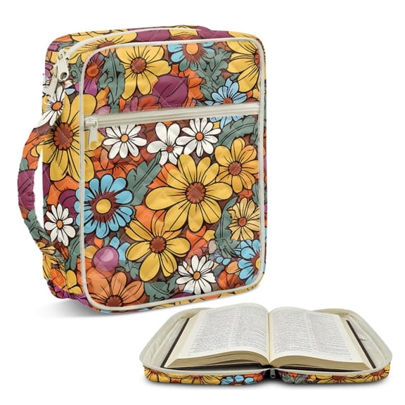 TSOVTHRID Hippie Daisy Floral Print Bible Carrying Case for Women Men, Bible Cover with Pockets and Zipper, Practical Quilted Bibles Cases for Christian Gift
