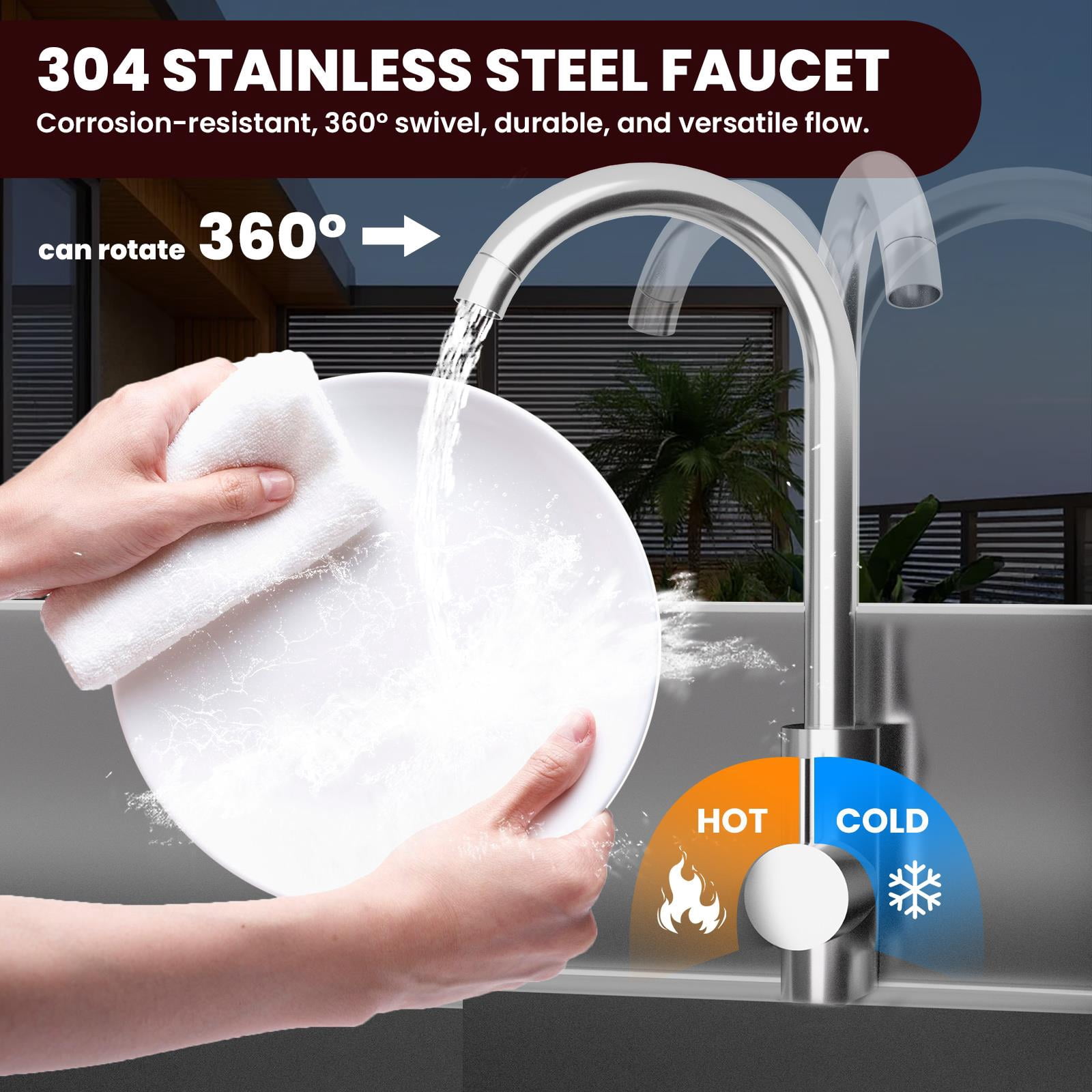 Kitchen Utility Sink, Silver 304 Rust-Proof Design, 360° Swivel Faucet, Hot Cold Water Compatible, Free Standing Single Bowl Sink with Drawer for Farmhouse Commercial Kitchen