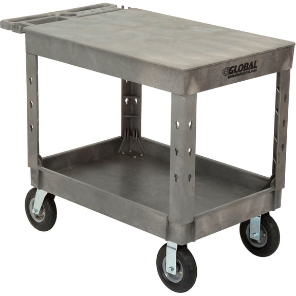 Industrial Strength Plastic 2 Flat Shelf Service & Utility Cart, 44” x 25-1/2”, 8" Pneumatic Wheels