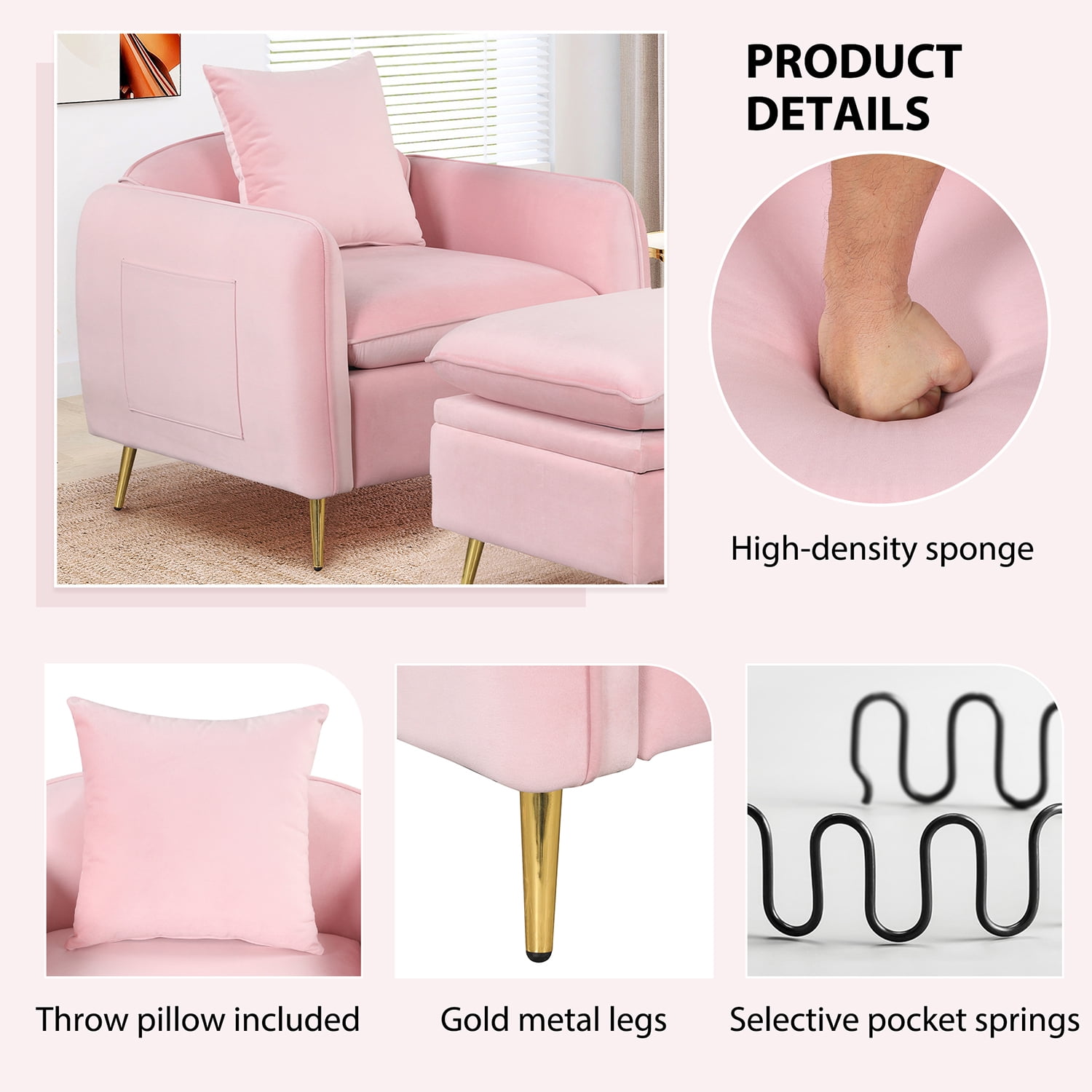 Kadyn 35.2" Modern Armchair, Single Sofa Chair with Ottoman Foot Rest and Pillow, Velvet Accent Chairs for Small Spaces Apartment Office, Pink Kadyn 35.2" Modern Armchair, Single Sofa Chair with Ottoman Foot Rest and Pillow, Velvet Accent Chairs for Small Spaces Apartment Office, Pink