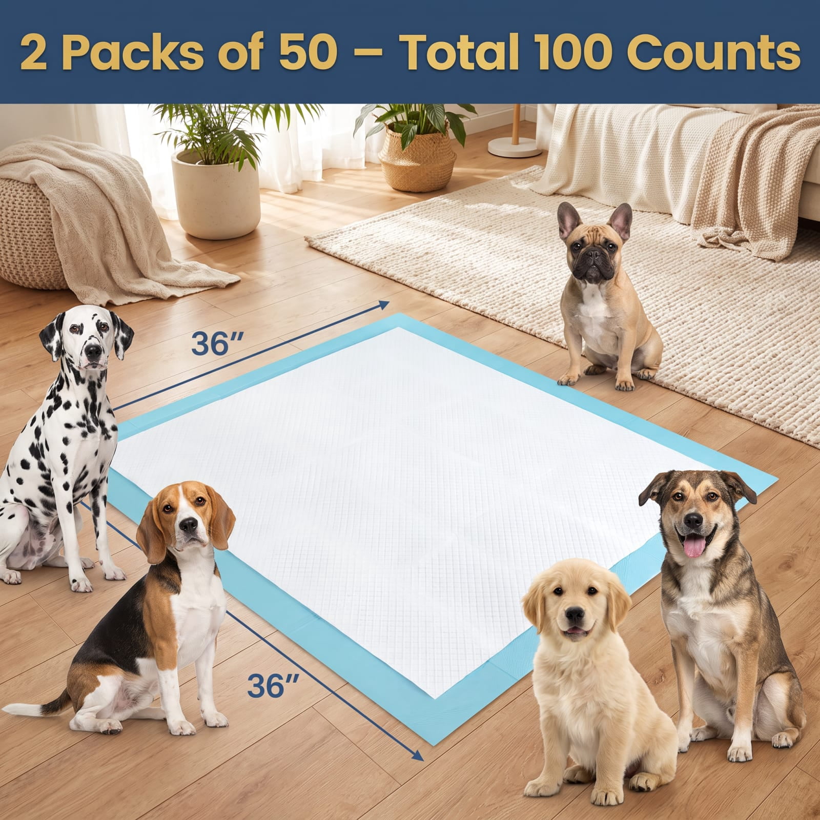 Vebreda Puppy Pads 36 x 36 Inch, 100 Count, 6-Layer Super Absorbent Dog Pee Pads, Leakproof Potty Training Pads for All Dog Sizes, Blue