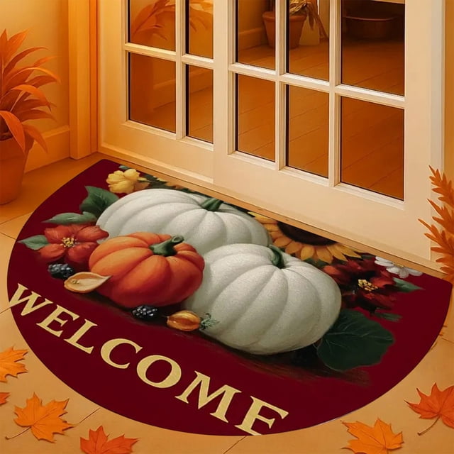 BAOPAI Tapis de Sol Demi-Rond en Velours Citrouille Antidérapant pour Entrée Décoration Maison Automne Action de Grâce Récolte