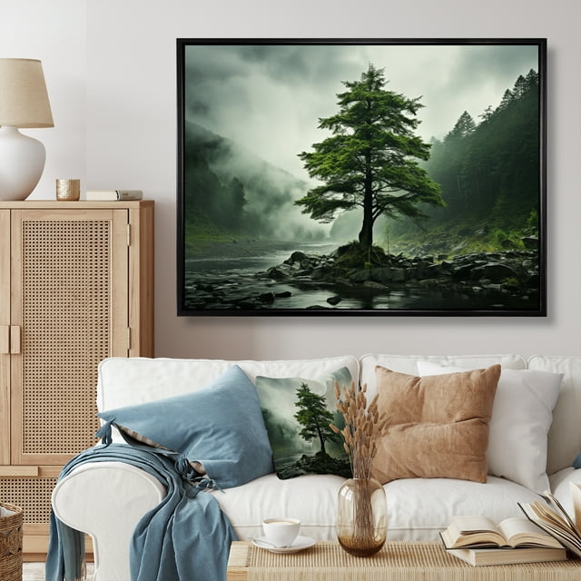 Designart Trees framed wall art decor, Tree black framed wall art, Tree Pines I , Red Traditional black framed wall art, 44x34 inches black frame