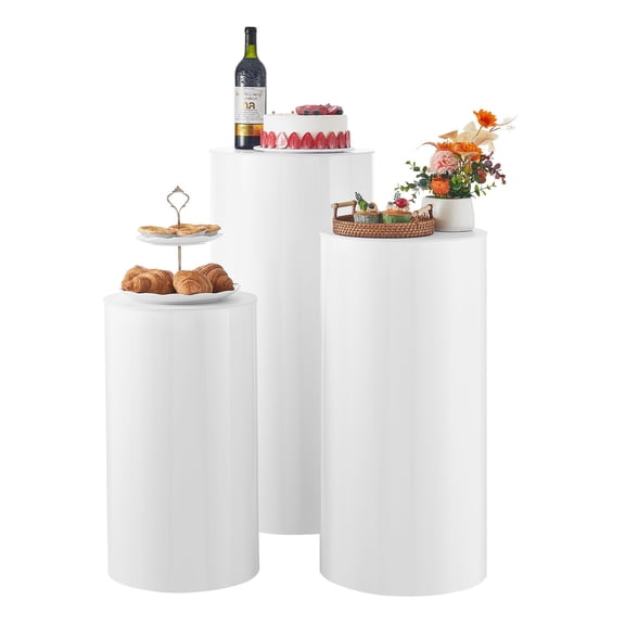 KFFKFF Set of 3 Round Cylinder Pedestal Stands, 23.62/29.53/35.43 inches, White Display Stands with PVC Lid for Events, Celebrations, and Decorative Art, Supports up to 33.07 lbs