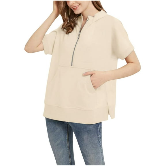 QHFBli Ladies' Hooded Sweatshirt Women's Fashion Casual Short Sleeve Solid Hooded Sweatshirt Top Comfortable Lightweight Pullover for Everyday Wear and Versatile Outfit Combinations