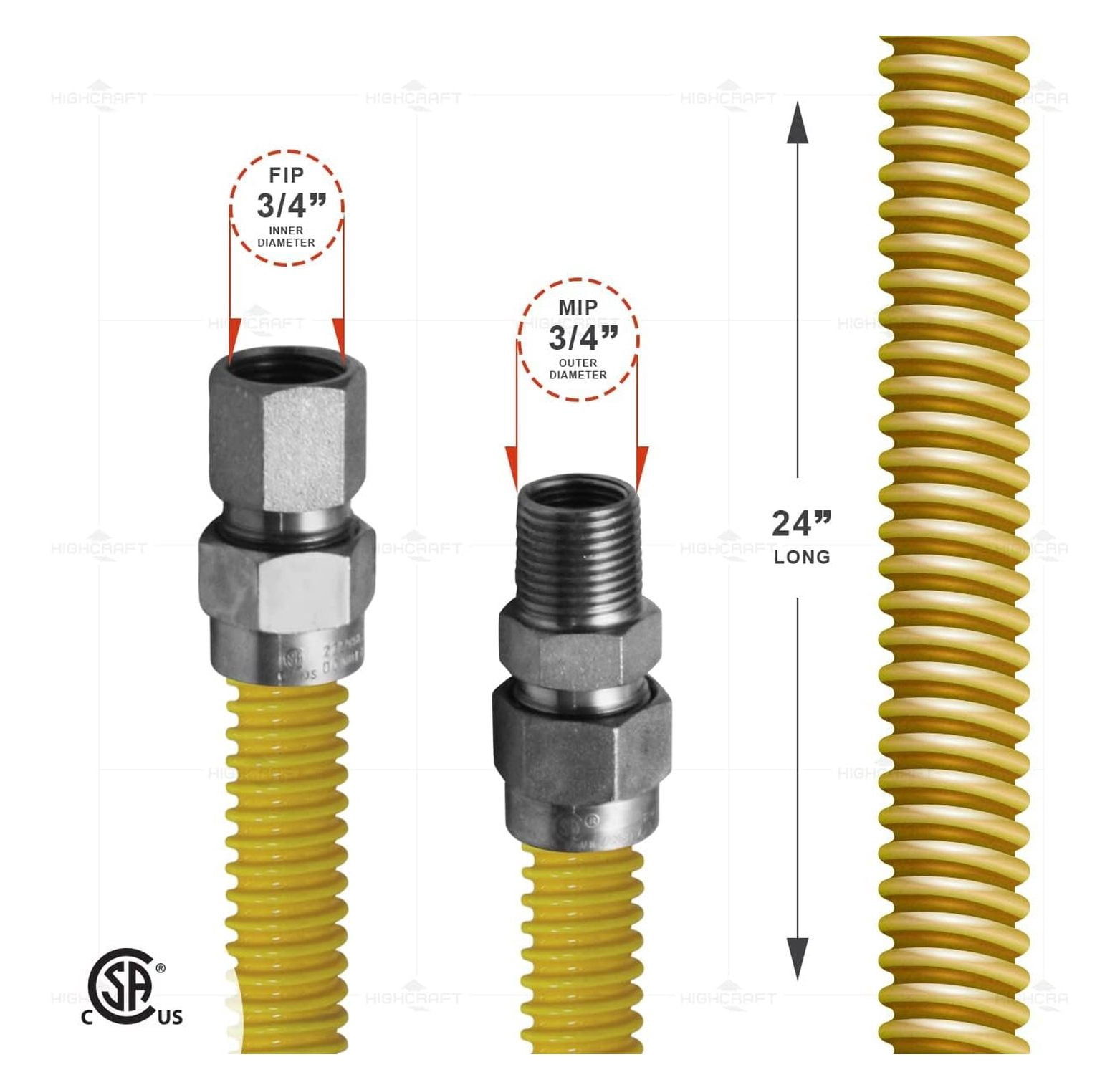 Gas Connector 24 inch Yellow Coated Stainless Steel, 1” OD Flexible Gas Hose Connector for Tankless Water Heater, with 3/4” FIP x 3/4” MIP Stainless Steel Fittings, 24” Gas Appliance Supply Line
