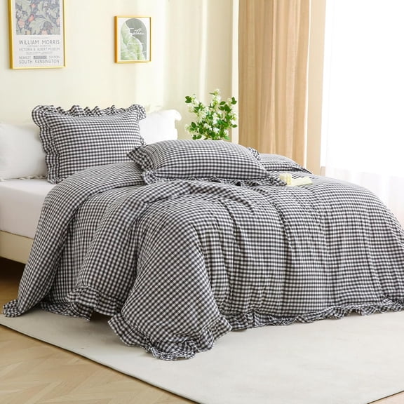 Black/White Checkered Ruffle 3-Piece Duvet Cover Set King Size,Washed Cotton Shabby Gingham Plaid Bedding Set Farmhouse Comforter Set(King,Black/White)