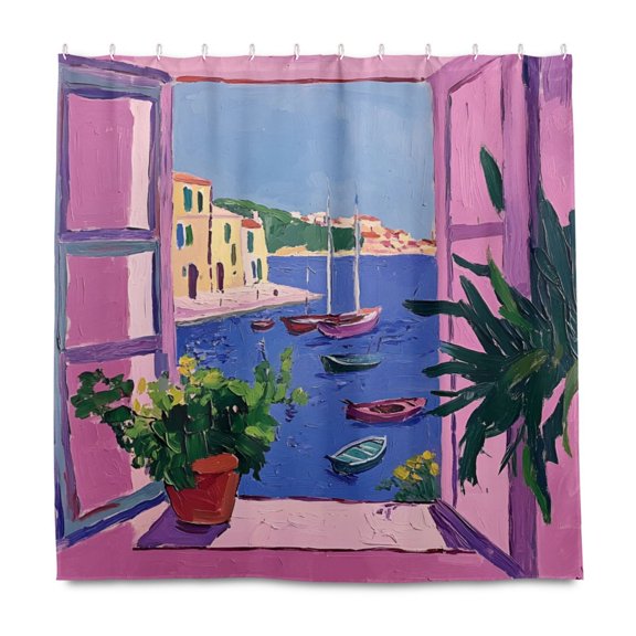 Yayeee Shower Curtain with Hooks 72"x72" Waterproof Fabric Bathroom Hanging Decor, Purple Window Scene