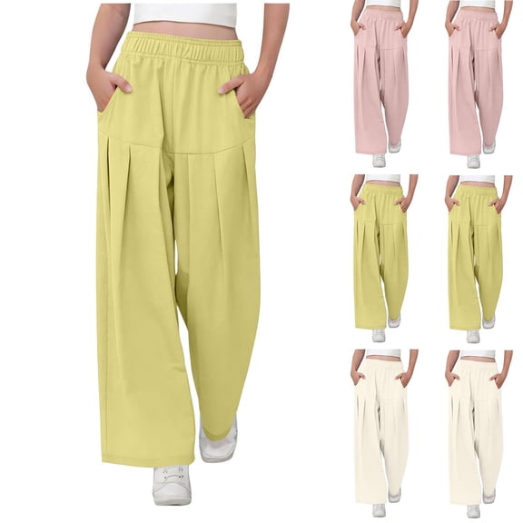 Bovxnpu Girls Wide Leg Pants Summer Casual Athletic Pants High Waisted Solid Wide Leg Pants With Pockets Pants