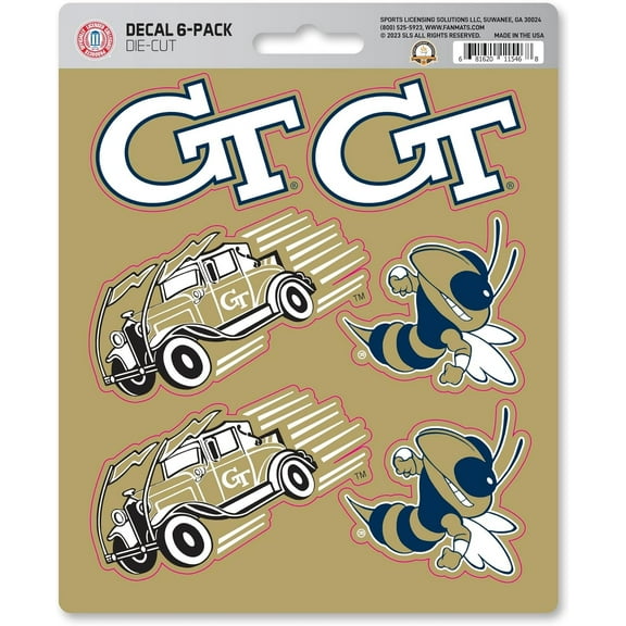 Georgia Tech Yellow Jackets 6-Piece Decal Sticker Set, 5x6 Inch Sheet, Gift for football fans for any hard surfaces around home, automotive, personal items